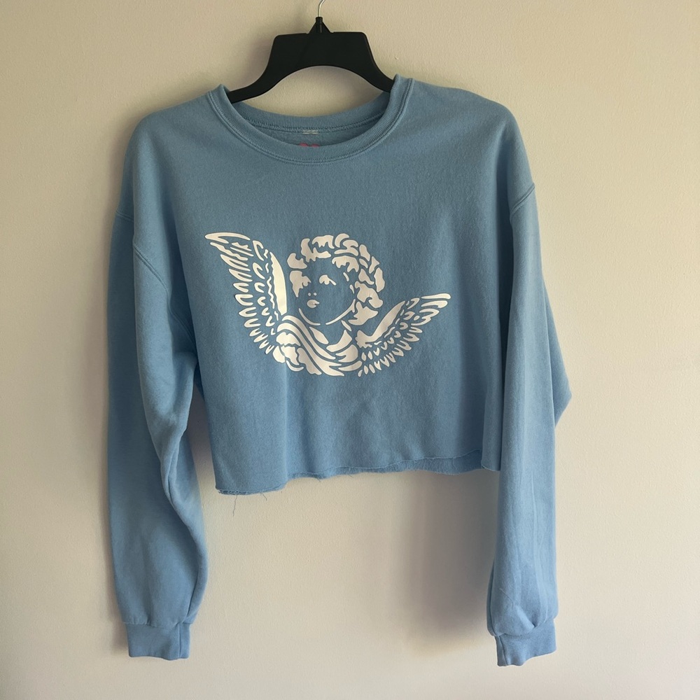 Blue, long-sleeve, cropped crew neck